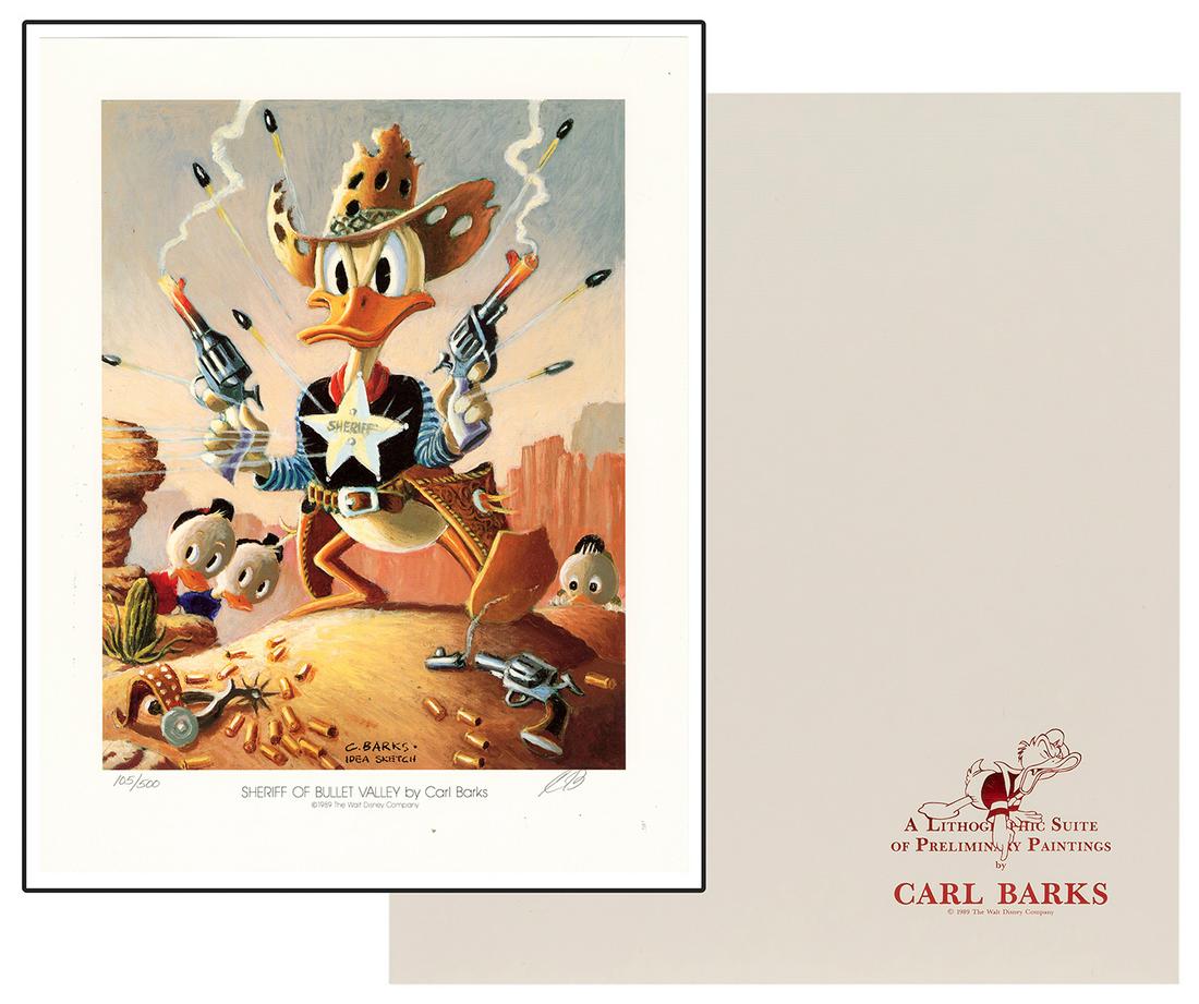 BARKS, Carl (1901-2000). A Lithographic Suite of Preliminar...: BARKS, Carl (1901-2000). A Lithographic Suite of Preliminary Paintings. Walt Disney Company, 1989. Cream linen folder with a suite of ten color prints after Barks, each numbered 105/500 and initialed