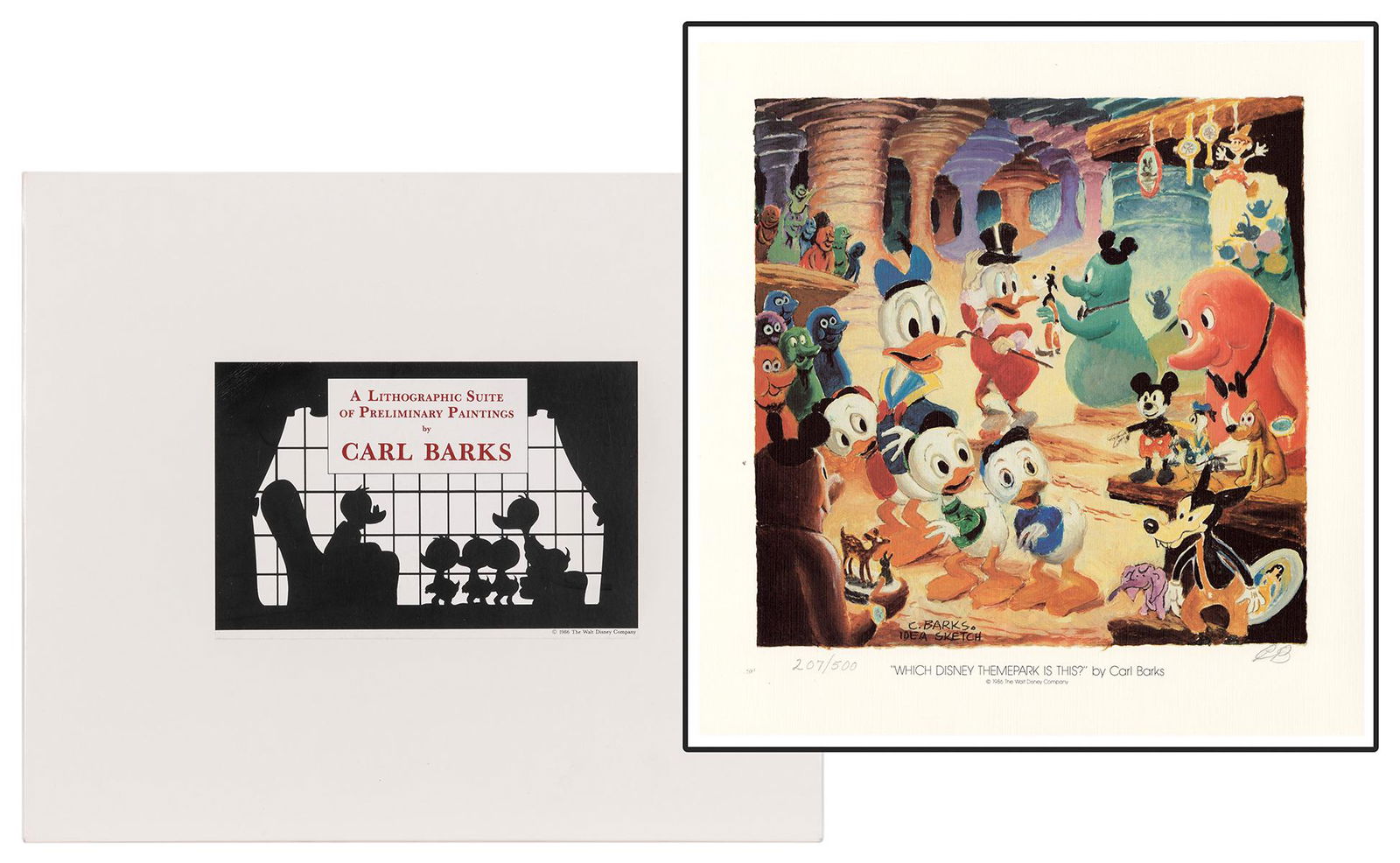 BARKS, Carl (1901-2000). A Lithographic Suite of Preliminar...: BARKS, Carl (1901-2000). A Lithographic Suite of Preliminary Paintings. Another Rainbow, 1986. Glossy cardstock portfolio with pictorial label to cover, with a suite of ten prints after Barks, each nu