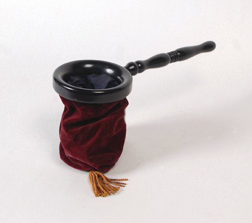 Change Bag. F.G. Thayer & Co., ca. 1920: Change Bag. F.G. Thayer & Co., Los Angeles, ca. 1920. Attractive plush red bag attached to a finely turned wooden handle in the Thayer tradition which can be used to switch, vanish or produce small ob