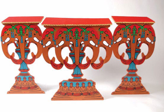Elephant Head Tables. Owen Magic Supreme,: Elephant Head Tables. Asuza, Owen Magic Supreme, ca. 1990. Set of three folding tables modeled after a design of Floyd Thayer's. Lacquered in five colors to give the appearance of carved elephant head