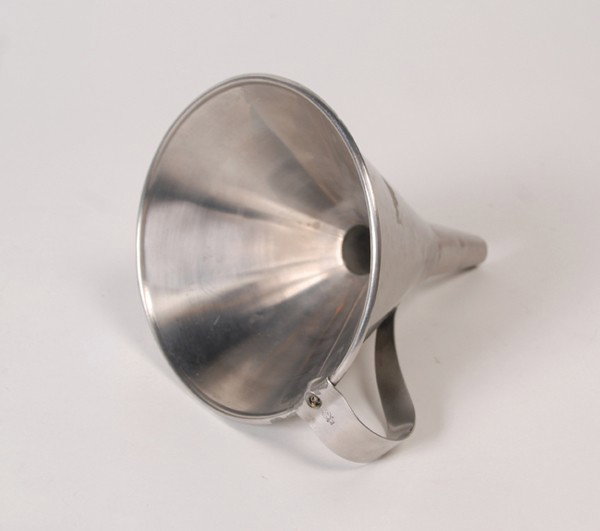 Production Funnel. Merv Taylor, ca. 1955.: Production Funnel. North Hollywood, Merv Taylor, ca. 1955. Stainless steel funnel that, while apparently empty, can produce liquid at the magician's command. With "Isley" valve control. Hallmarked. Go