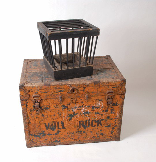 Will Rock/Thurston touring trunk.: Rock, Will (William George Rakauskas). Will Rock/Thurston touring trunk. Large traveling trunk from the Will Rock/Thurston show. Exterior painted bright orange and stenciled in black on the front pane