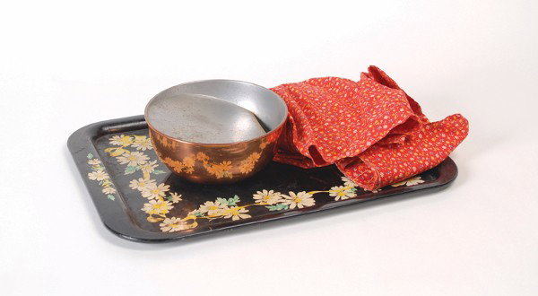 Vanishing Bowl of Water. Petrie & Lewis, ca. 1950.: Vanishing Bowl of Water. New Haven, Petrie & Lewis, ca. 1950. A copper bowl resting on a painted tray is filled with water. The magician covers the bowl with a patterned cloth, picks up the bowl throu