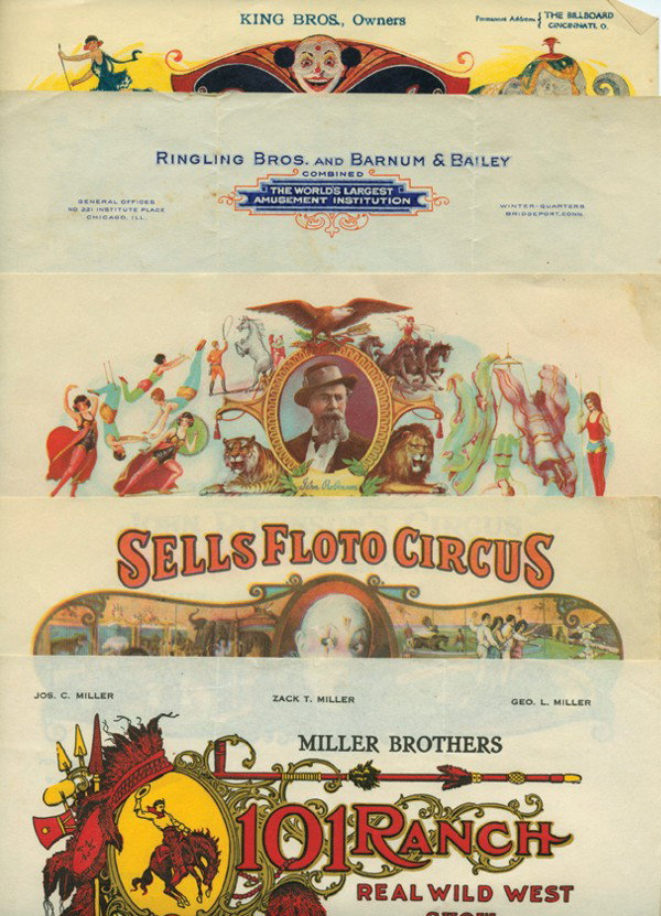 Archive of Circus memorabilia and letters: [Circus] Archive of Circus memorabilia and letters. Including 28 TLS on elaborate and colorful letterheads from Miller Brothers 101 Real Wild West Show, Ringling Brothers, John Robinson's Circus, Sell