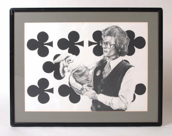 Charcoal portrait of Tom Mullica and his rabbit, D: Charcoal portrait of Tom Mullica and his rabbit, Duke. Paul Pannan [?], 1980. Detailed and lifelike half-length portrait of Tom Mullica performing with Duke, his rabbit puppet. The picture's backgroun