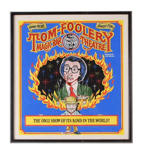 Tom-Foolery "Greatest Show on Mirth" original art: Tom-Foolery "Greatest Show on Mirth" original poster artwork. Indianapolis, Ed Harris, ca. 1980. Colorful bust portrait of Tom Mullica performing his famous cigarette-eating act designed in the style 