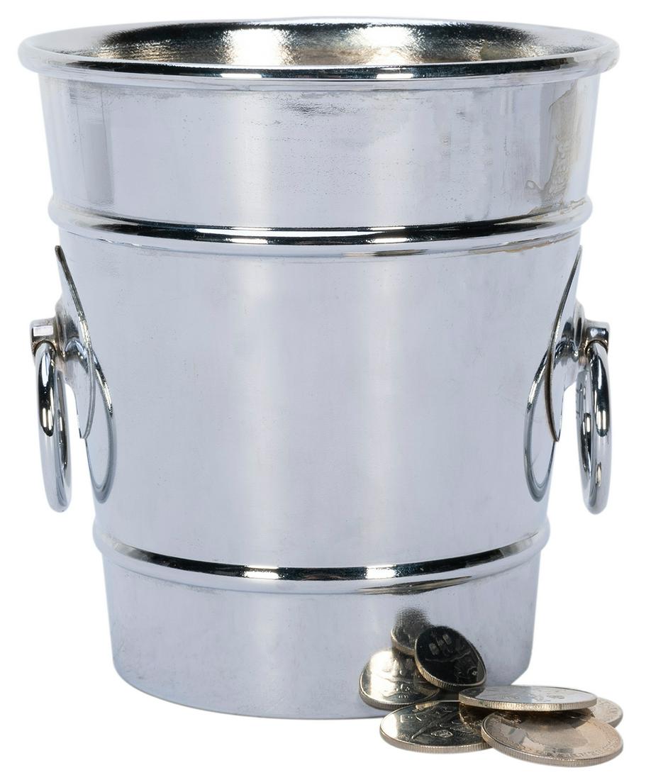 Bertram-style Coin Pail. 1980s. A coin pail made in the sty...: Bertram-style Coin Pail. 1980s. A coin pail made in the style of the Ross Bertram pail. With two coin droppers incorporated into the base of pail. Height 6”, mouth diameter 5 ½”. Incl