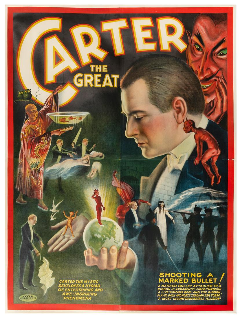 CARTER, Charles. Carter the Great / Shooting a Marked Bulle...: CARTER, Charles. Carter the Great / Shooting a Marked Bullet. Cleveland: The Otis Litho. Co., ca. 1926. Color lithograph eight-sheet billboard poster with a collage of images and vignettes from the Ca