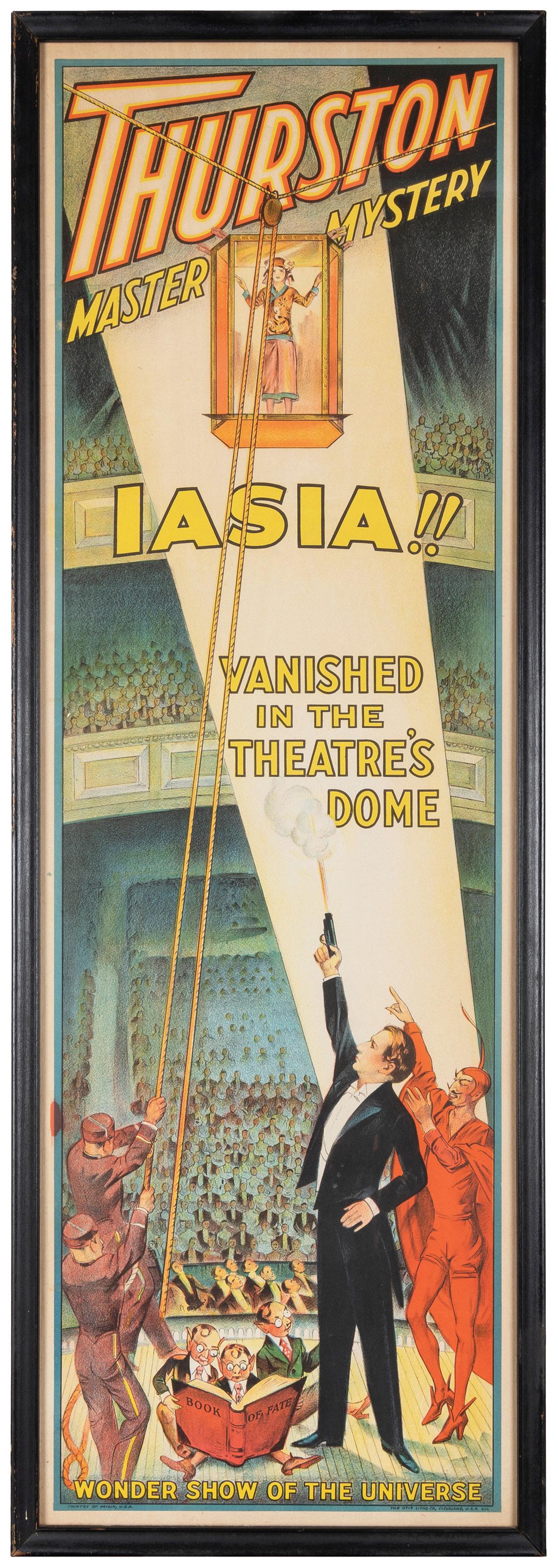 THURSTON, Howard. Thurston / Iasia!! Cleveland: Otis Litho ...: THURSTON, Howard. Thurston / Iasia!! Cleveland: Otis Litho Co., ca. 1920. Lithograph panel poster advertises Thurston’s performance of the illusion in which an assistant vanished from within a c