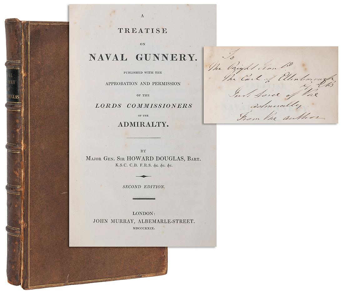 DOUGLAS, Howard (1776–1861). A Treatise on Naval Gunnery. L...: DOUGLAS, Howard (1776–1861). A Treatise on Naval Gunnery. London: John Murray, 1829. 8vo. 5 folding plates at rear, numerous folding tables, errata slip at rear. Contemporary speckled calf with