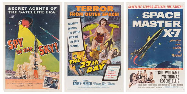 [SCIENCE FICTION]. Three 1950s one-sheet movie posters. Lot...: [SCIENCE FICTION]. Three 1950s one-sheet movie posters. Lot includes: -- Spy in the Sky (Allied Artists, 1958). &#8211; The 27th Day (Columbia, 1957). &#8211; and Space Master X-7 (20th Century Fox, 1