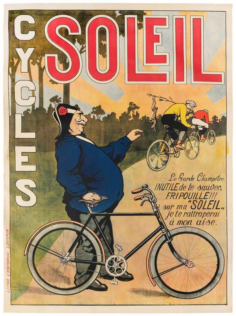 Cycles Soleil. Louvain: Litho L’Editorial, ca. 1890s. Color...: Cycles Soleil. Louvain: Litho L’Editorial, ca. 1890s. Color lithograph bicycle advertising poster. Two younger scoundrels who have poached a rabbit ride away on their bicycles, but the older cyc