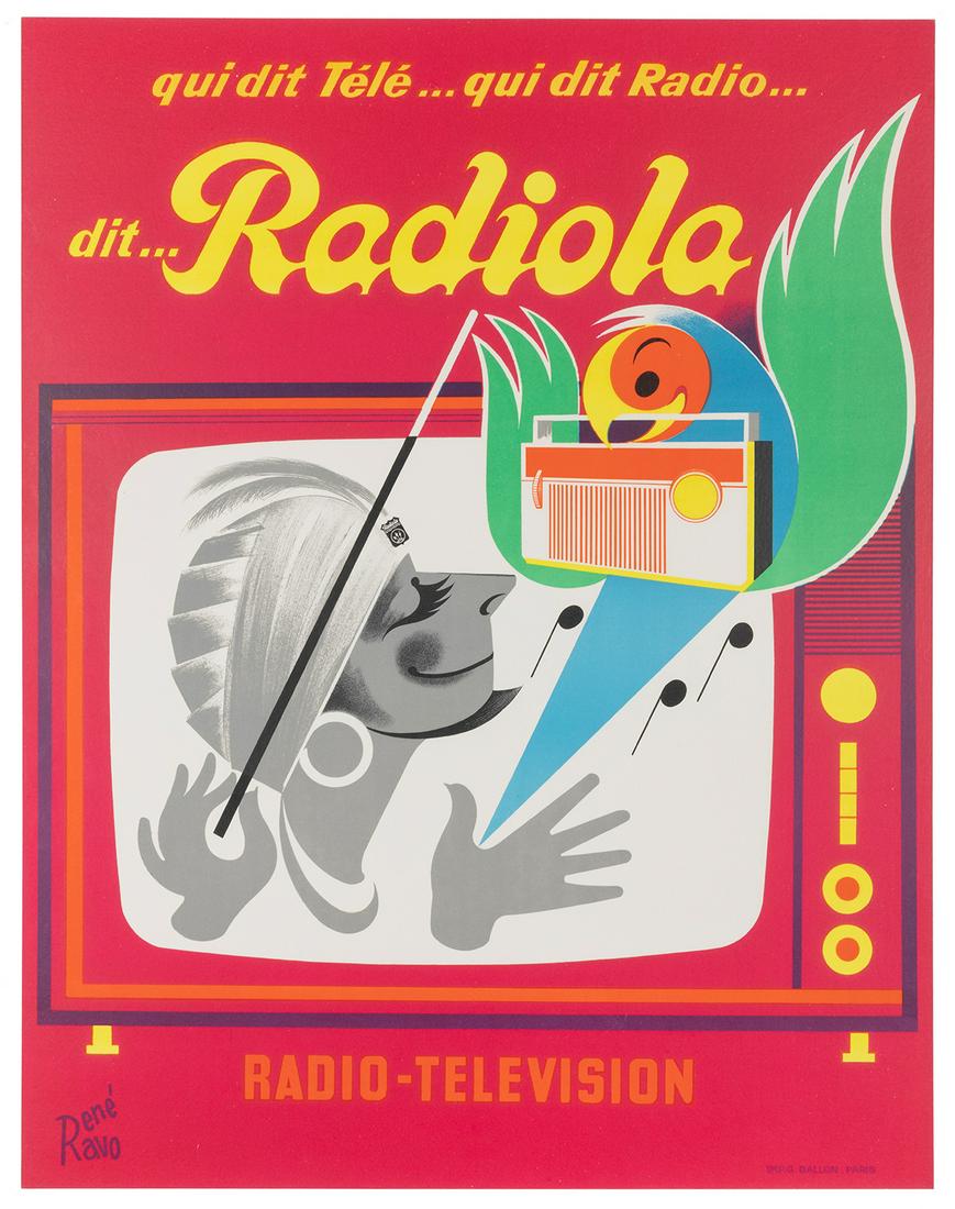 RAVO, Rene. Qui dit Tele…qui dit Radio / Dit… Radiola. Pari...: RAVO, Rene. Qui dit Tele…qui dit Radio / Dit… Radiola. Paris: G. Ballon, ca. 1960s. Poster advertising radios and televisions; a man on a black and white television set conducts a brightly