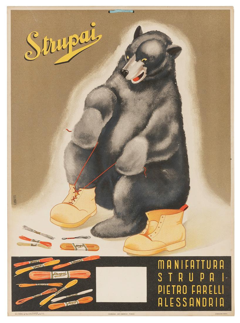 LUBATTI. Strupai. 1939. Torino: Giordana. Lithograph hanger...: LUBATTI. Strupai. 1939. Torino: Giordana. Lithograph hanger sign on cardstock, advertising shoelaces and with a whimsical illustration of a bear lacing up his boots. 17 5/8 x 12 7/8”. String han