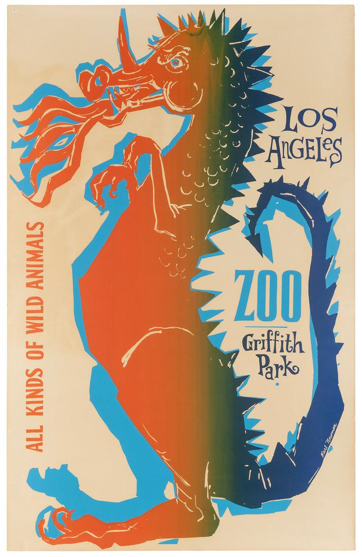 NEWMAN, Earl (b. 1930). Los Angeles Zoo / All Kinds of Wild...: NEWMAN, Earl (b. 1930). Los Angeles Zoo / All Kinds of Wild Animals. Circa 1960s. Silkscreen. 35 x 22 ½”. Unbacked. Pinholes; scattered edgewear and discoloration. B.