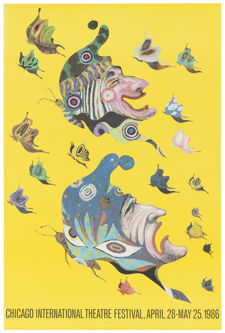 PAUL, Art. Chicago International Theatre Festival. 1986. Po...: PAUL, Art. Chicago International Theatre Festival. 1986. Poster advertising the Chicago International Theatre Festival held from 28 April-25 May 1986. 35 ½ x 24”. Linen backed. A.
