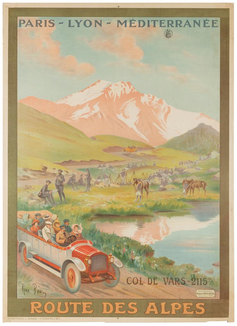 PEAN, Rene (1875-1945). Paris-Lyon-Mediterranee / Route de ...: PEAN, Rene (1875-1945). Paris-Lyon-Mediterranee / Route de Alpes. Col de Vars. Paris: Cornille & Serre, ca. 1900s. French PLM travel poster showing a group of travelers motoring through the mountainou