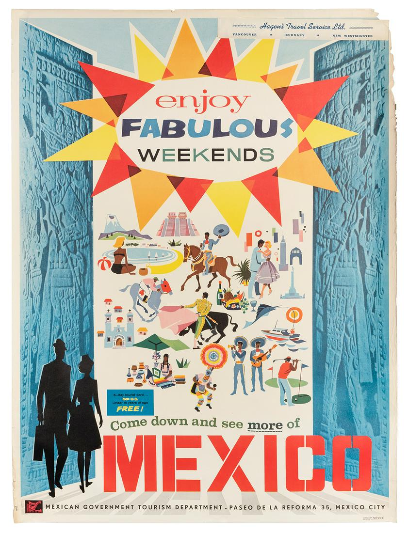 Mexico. Enjoy Fabulous Weekends. Circa 1950s. Tourism poste...: Mexico. Enjoy Fabulous Weekends. Circa 1950s. Tourism poster filled with colorful illustrations of recreations and sightseeing including golfing, fishing, sunbathing, dancing, music, and food of Mexic