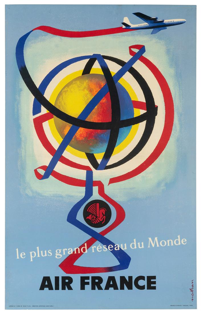 NATHAN-GARAMOND, Jacques (1910-2001). Air France / Le plus ...: NATHAN-GARAMOND, Jacques (1910-2001). Air France / Le plus grand reseau du Monde. 1956. Paris: Perceval. 39 ¼ x 24 ¾”. Linen backed. Central horizontal fold; minor restoration in corne
