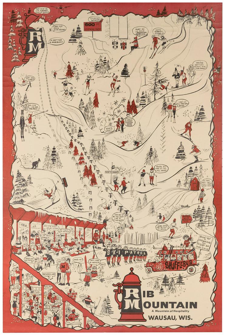 [WISCONSIN]. Rib Mountain / A Mountain of Hospitality / Wau...: [WISCONSIN]. Rib Mountain / A Mountain of Hospitality / Wausau, Wis. Circa 1960s/70s. Cartoon-style poster of the ski area, with illustrations of mostly young adult skiers engaged in all manner of act