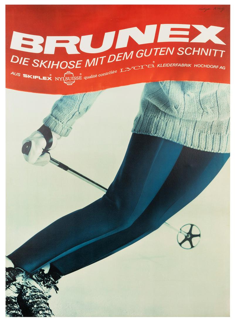 KING, Edgar. Brunex. Circa 1960s. Ski apparel poster depict...: KING, Edgar. Brunex. Circa 1960s. Ski apparel poster depicting a woman’s blue ski pants. 50 x 36”. Linen backed. A.