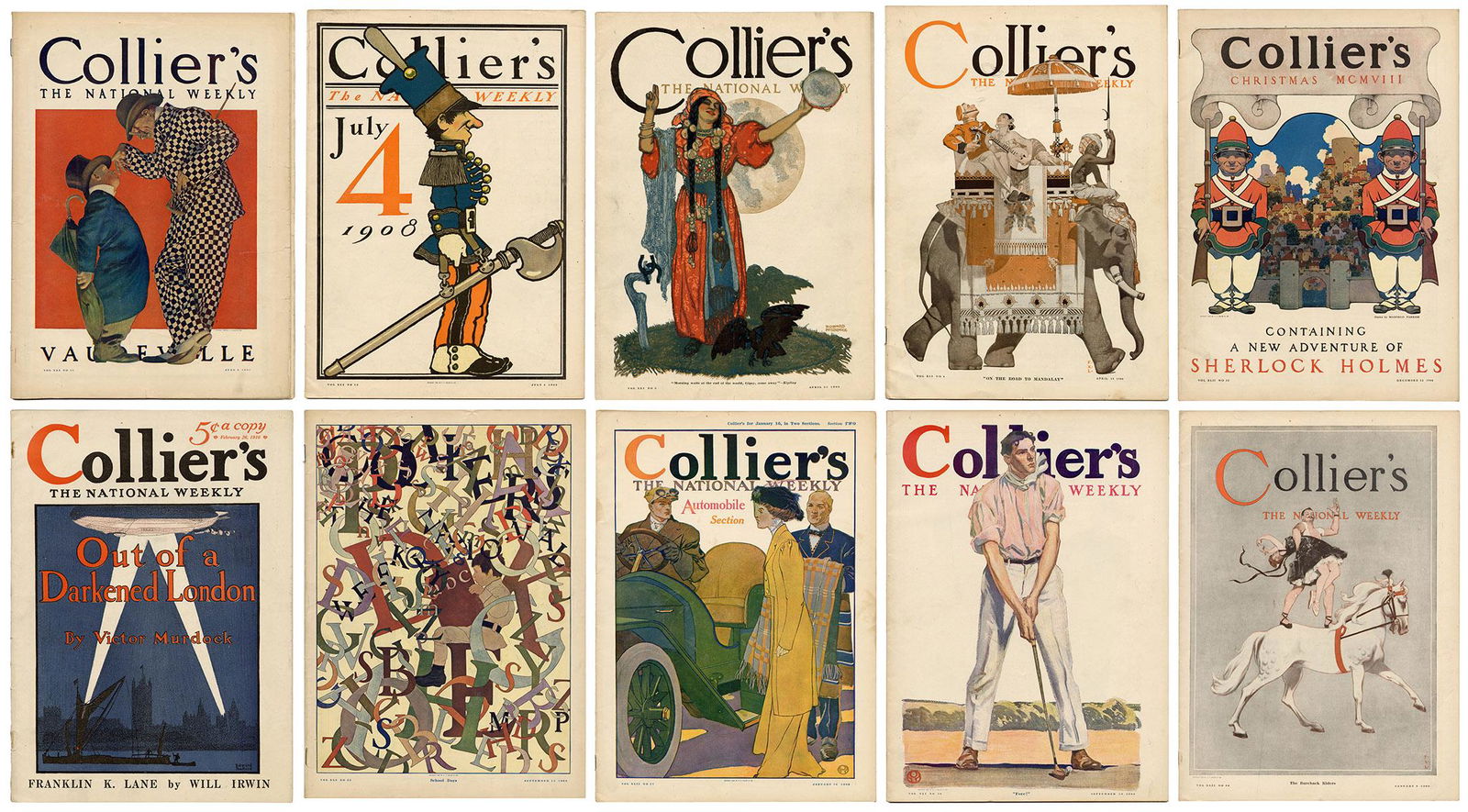 [VARIOUS DESIGNERS]. Collier’s: The National Weekly. Lot of...: [VARIOUS DESIGNERS]. Collier’s: The National Weekly. Lot of approximately 40 issues with illustrated covers. V.d. (bulk 1908/09). Includes covers designed by Edward Penfield, Maxfield Parrish, F