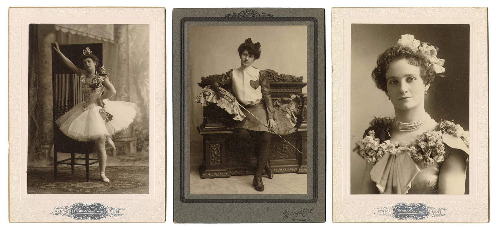 STIRK, Anita. Three cabinet photos. Circa 1900s. Three cabi...: STIRK, Anita. Three cabinet photos. Circa 1900s. Three cabinet photographs of Anita Stirk, of the Stirk circus family, by Elmer Chickering (Boston) and Young & Carl (Cincinnati). One inscribed and sig