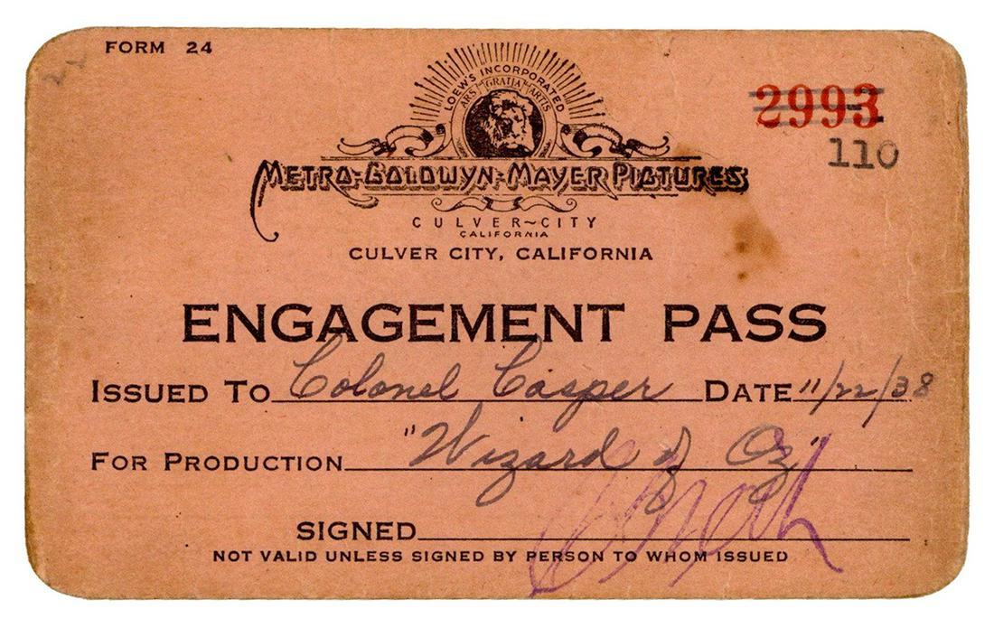 [WIZARD OF OZ]. MGM Pictures Engagement Pass issued to Col.... (1 of 2)