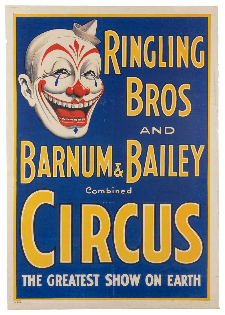 Ringling Bros. and Barnum & Bailey Combined Circus. Chicago...: Ringling Bros. and Barnum & Bailey Combined Circus. Chicago: Central Ptg. & Illinois Litho, ca. 1937. 41 3/8 x 28”. Backed on Chartex. Creases in image and margins; original folds. B.