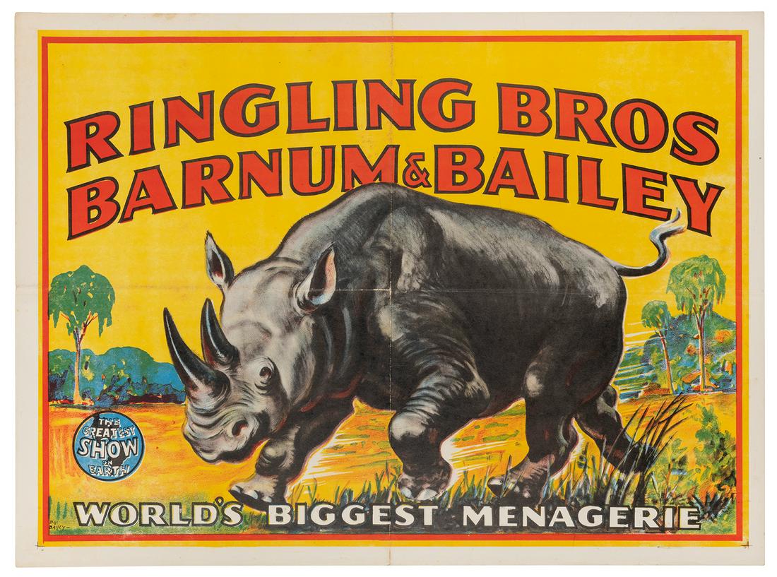 BAILEY, Bill. Ringling Bros. and Barnum & Bailey / [Rhino]....: BAILEY, Bill. Ringling Bros. and Barnum & Bailey / [Rhino]. 1940s. Half-sheet, 21 x 28”. Unbacked. Original folds; light wear in margins.
