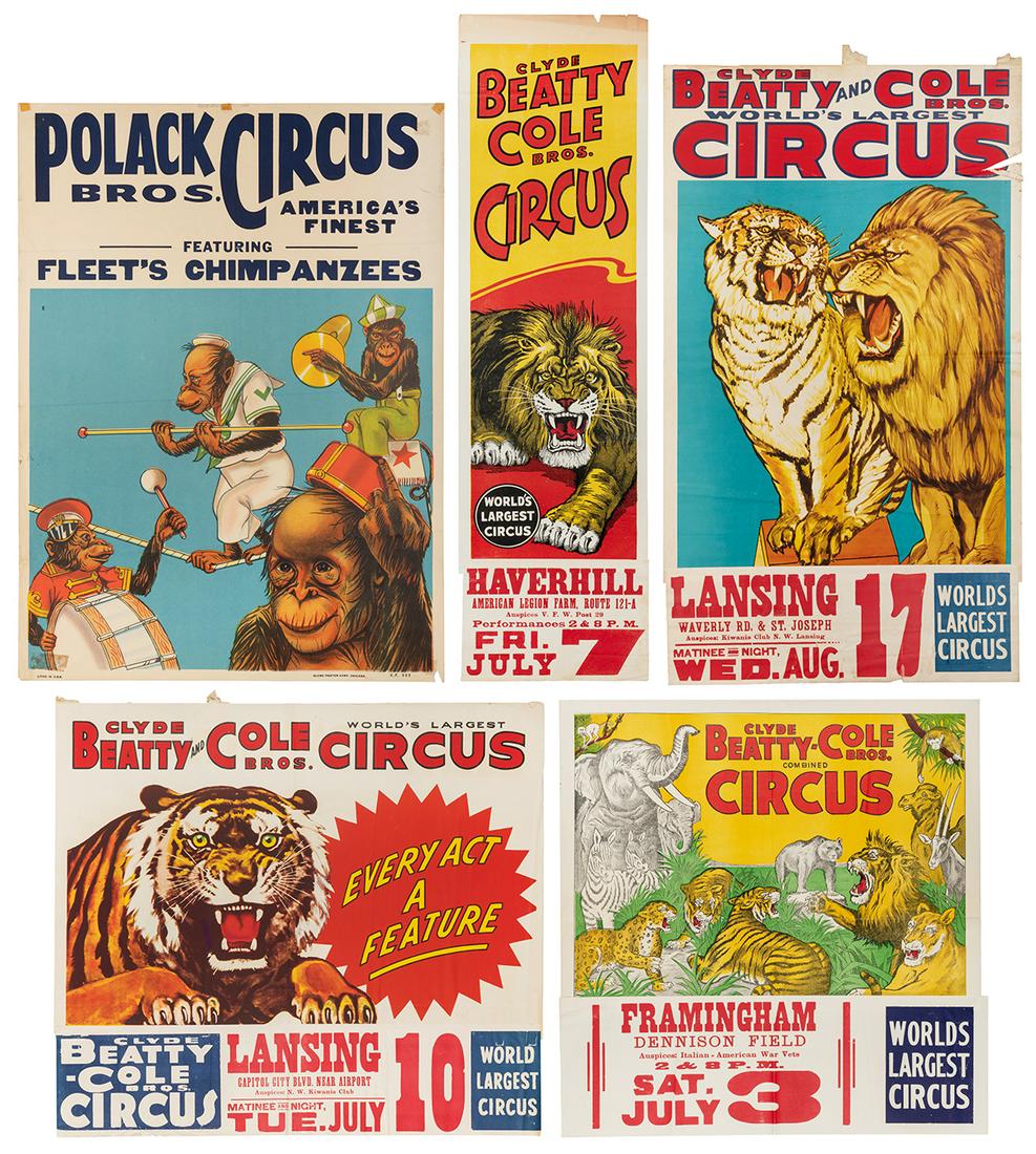 Lot of 8 American circus posters. V.p., v.d. (mid-20th cent...: Lot of 8 American circus posters. V.p., v.d. (mid-20th century). Posters for Clyde-Beatty Cole Bros., Barnett Circus, and Polack Bros., depicting various acts including aerialists, monkeys, lions, and