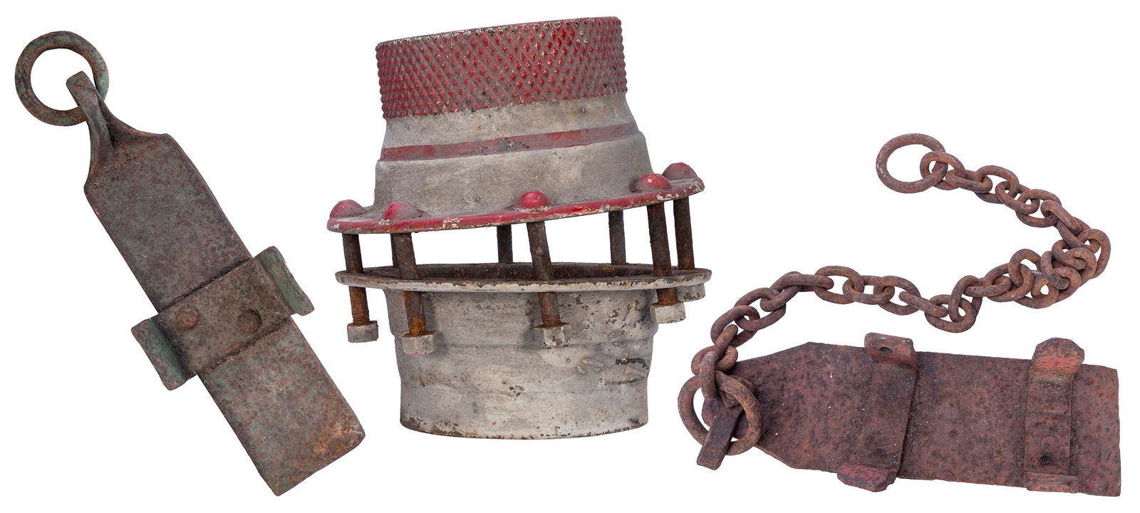 Three Circus Wagon parts. Including a cast iron circus wago...: Three Circus Wagon parts. Including a cast iron circus wagon wheel hub painted red and white (width 18”); and two cast iron hitches (length 18” and 21”). Requires third-party shippin