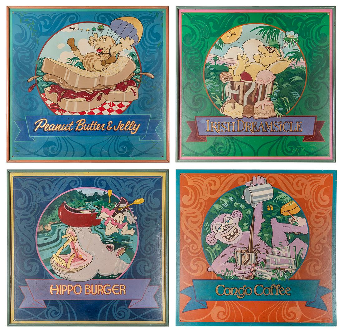 Four Jungle Jim’s (Orlando) Food and Beverage Signs. Painte...: Four Jungle Jim’s (Orlando) Food and Beverage Signs. Painted plywood advertising Jungle Jim’s Congo Coffee, Hippo Burger, Irish Dreamsicle, and Peanut Butter and Jelly. 40 x 40” each