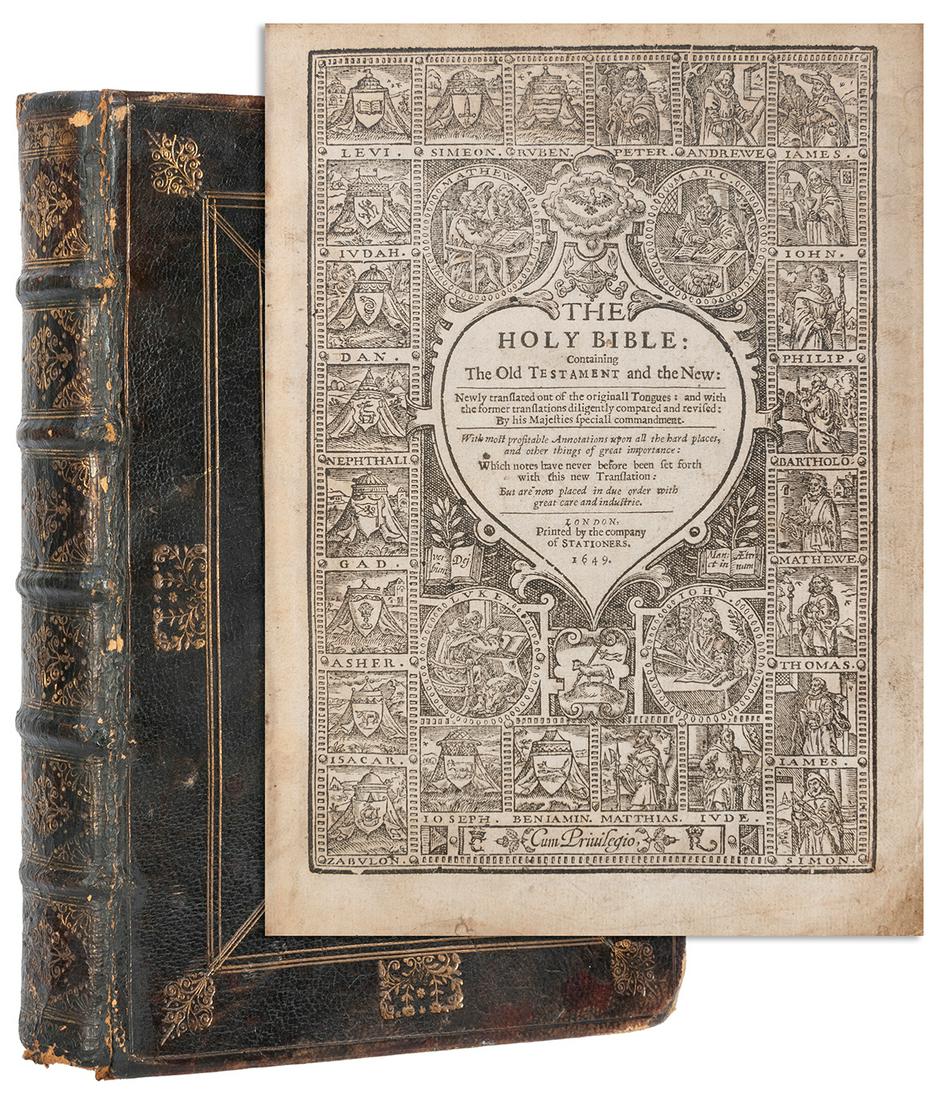 [BIBLE, in English – KING JAMES VERSION]. The Holy Bible: C...: [BIBLE, in English – KING JAMES VERSION]. The Holy Bible: Containing the Old Testament and the New. London: Printed by the Company of Stationers, 1649. 2 books in one volume, small 4to in eights