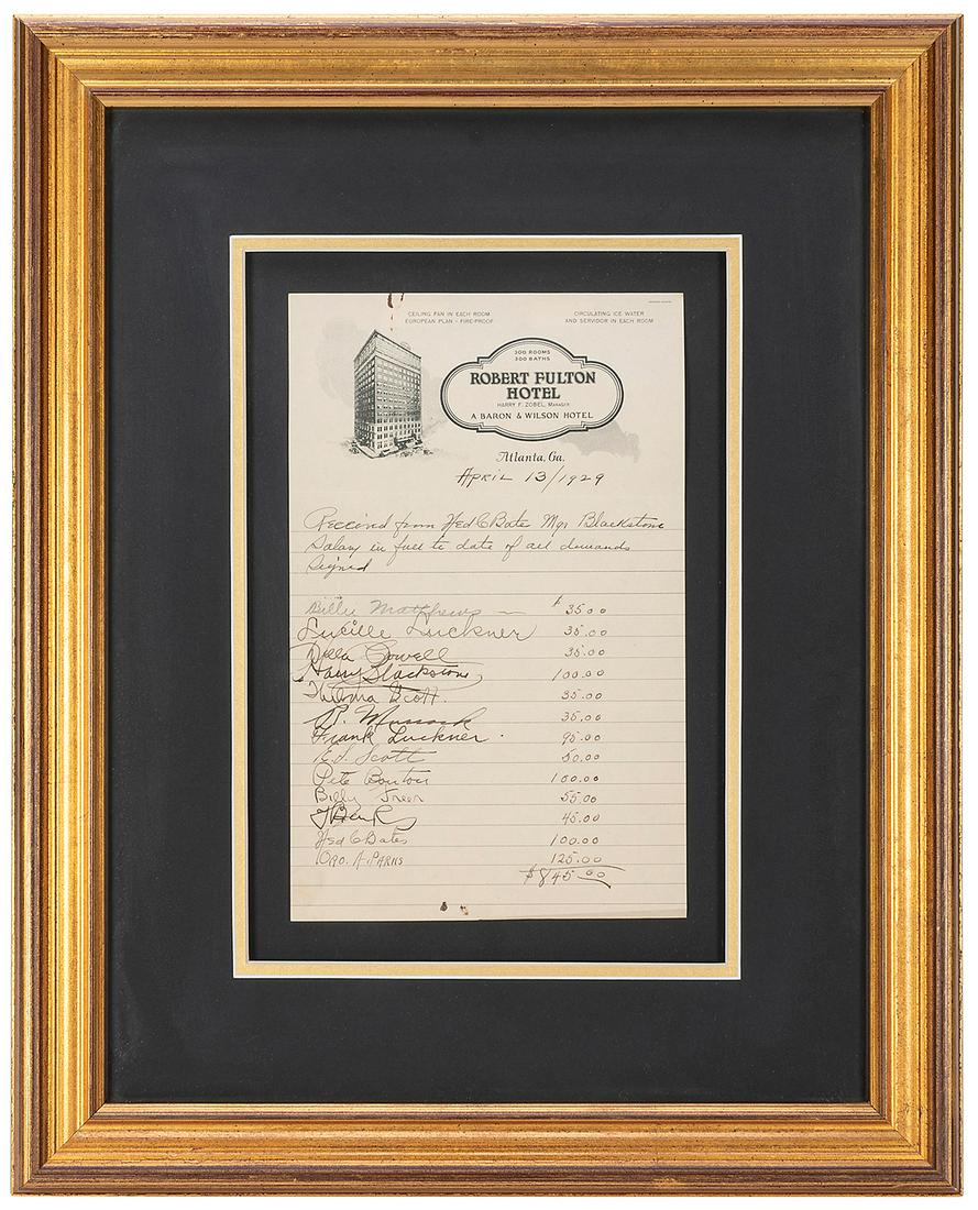 BLACKSTONE, HARRY SR. (HENRY BOUGHTON). SIGNED BLACKSTONE C...: BLACKSTONE, HARRY SR. (HENRY BOUGHTON). SIGNED BLACKSTONE COMPANY PAYROLL RECORD. Dated April 13, 1929, and recorded in ink on Robert Fulton Hotel (Atlanta) stationery, the document lists the salaries