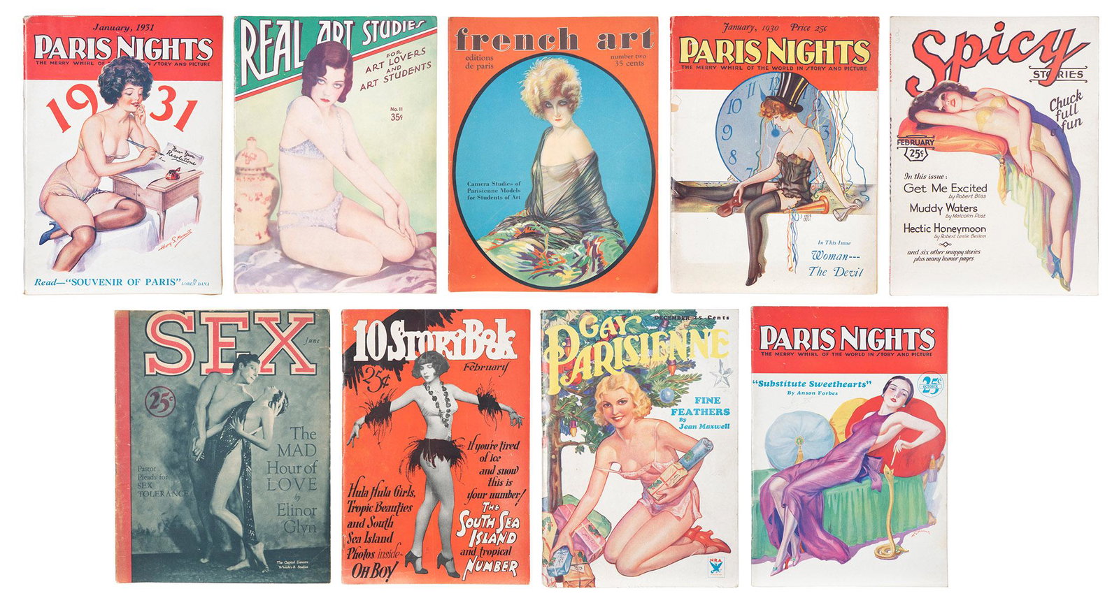 [PIN-UP]. Group of 9 vintage risqué nude and girlie magazin...: [PIN-UP]. Group of 9 vintage risqué nude and girlie magazines. V.p., 1920s/30s. Nine issues of pulps and magazines with risqué content, including 10 Story Book, Real Art Studies, Spicy Stori