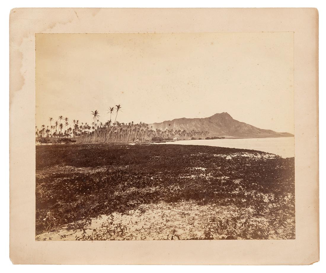 [HAWAII]. Early Albumen Print of Diamond Head. [Hawaii: ca....: [HAWAII]. Early Albumen Print of Diamond Head. [Hawaii: ca. 1865]. Early and rare print mounted onto card stock (print: 204 x 256 mm; mount: 260 x 305 mm). Print is toned, with some mild foxing, soili
