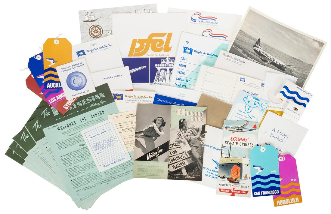 [HAWAII]. [TRAVEL EPHEMERA]. A group of ephemera from hotel...: [HAWAII]. [TRAVEL EPHEMERA]. A group of ephemera from hotels, cruise lines, and airlines, all which service Hawaii and the Pacific. Included: [HAWAIIAN AIRLINES]. Black and white photo of a passenger 