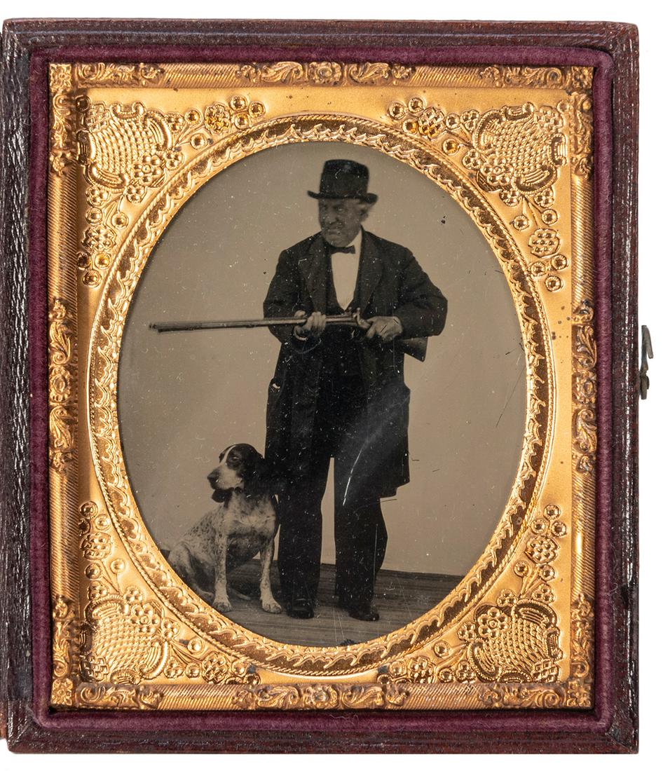 [EARLY PHOTOGRAPHY]. Sixth plate tintype, man with shotgun ... (1 of 2)