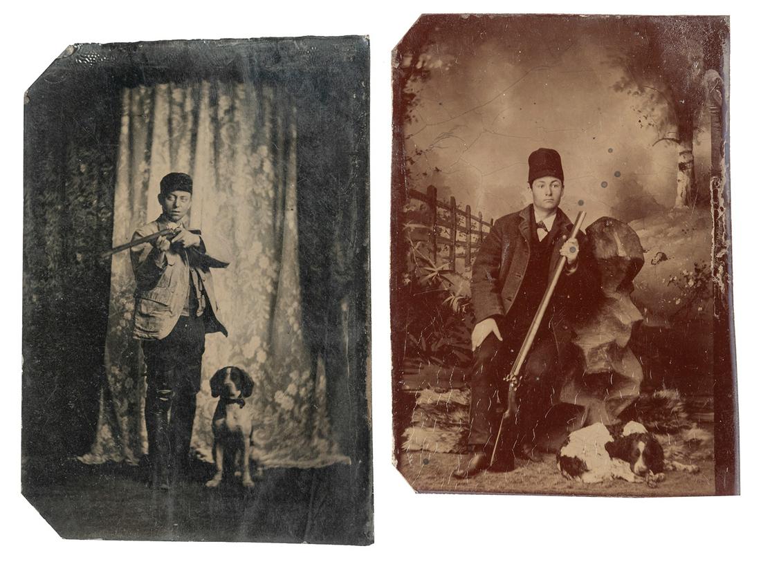 Two tintypes of hunters with shotguns and dogs. 19th Centur... (1 of 1)