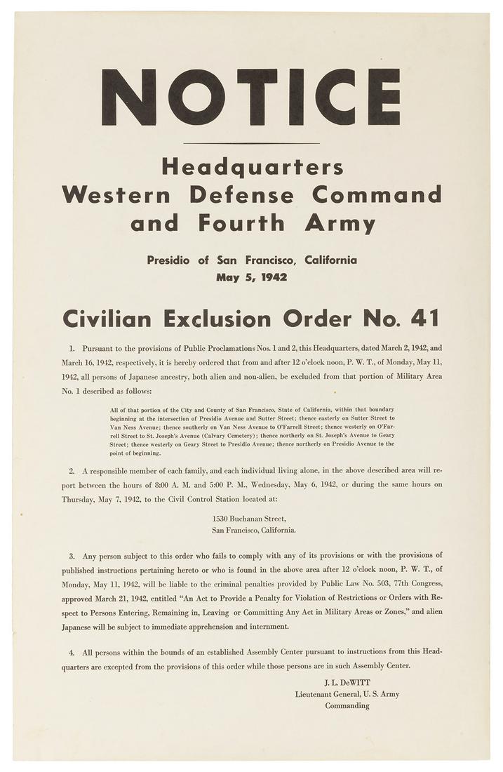 [WORLD WAR II]. – [JAPANESE INTERNMENT]. Civilian Exclusion... (1 of 1)