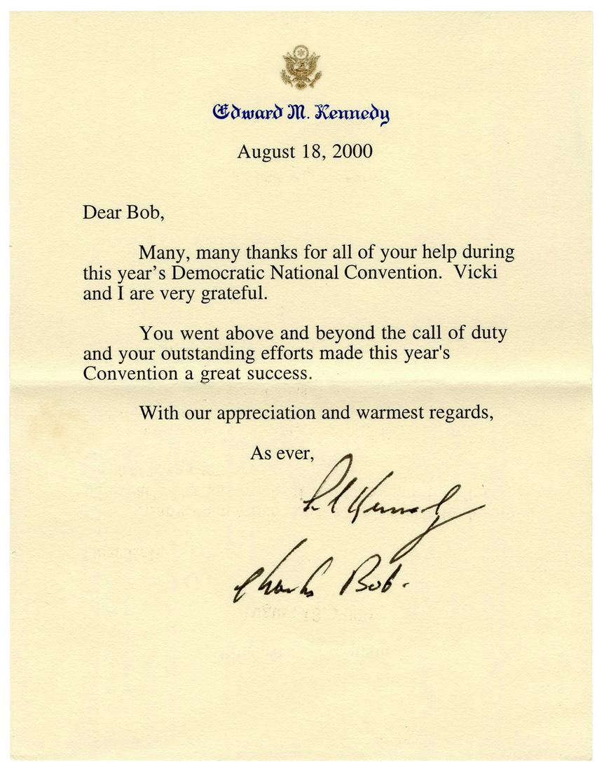 KENNEDY, Edward “Ted” (1932–2009). Typed letter signed (“Te... (1 of 1)