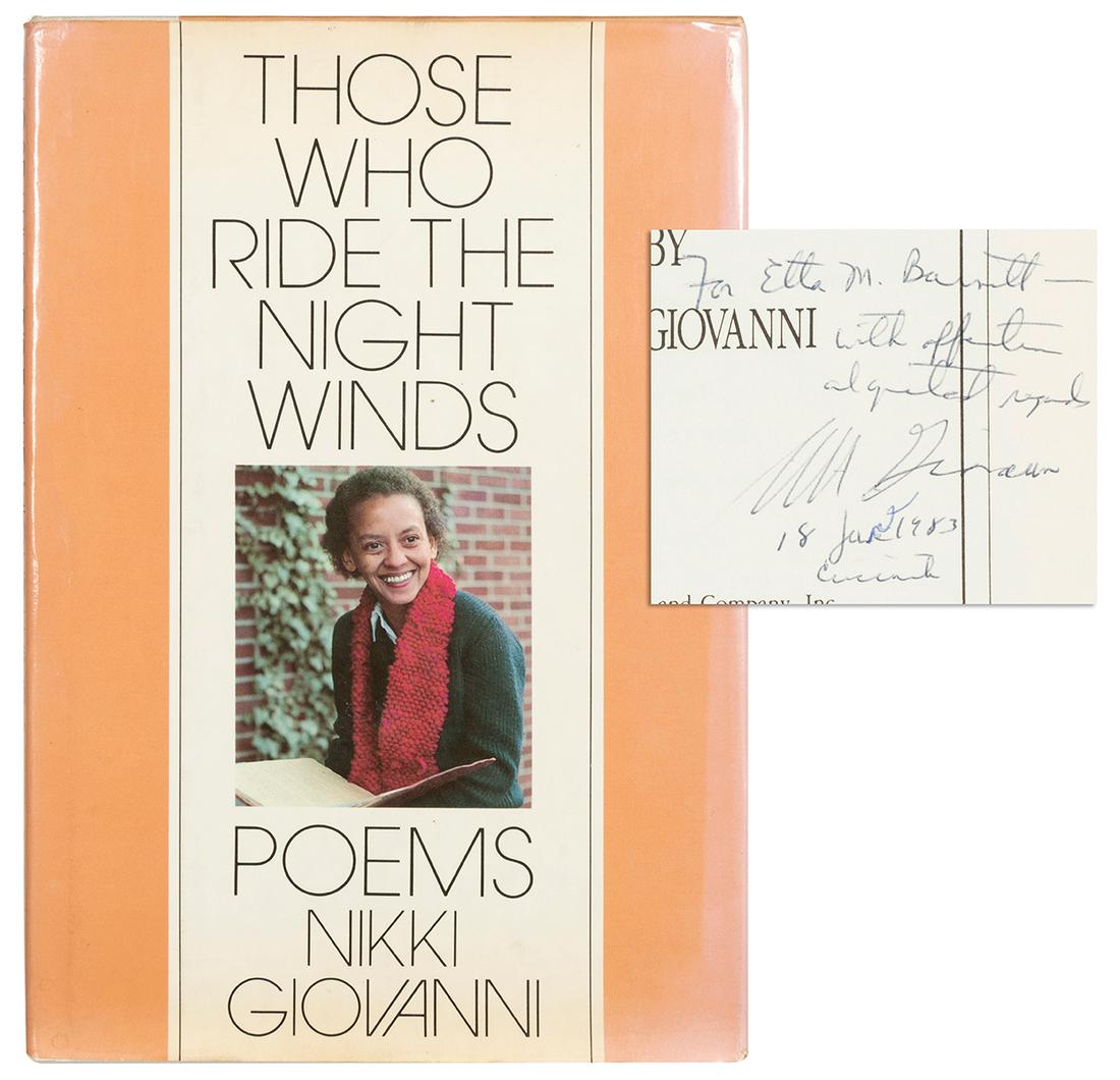 GIOVANNI, Nikki (b. 1943). Those Who Ride the Night Winds. ...: GIOVANNI, Nikki (b. 1943). Those Who Ride the Night Winds. New York: William Morrow, 1983. 8vo. Publisher’s white cloth backstrip over orange boards, spine lettered in gilt (spine toned, some ru