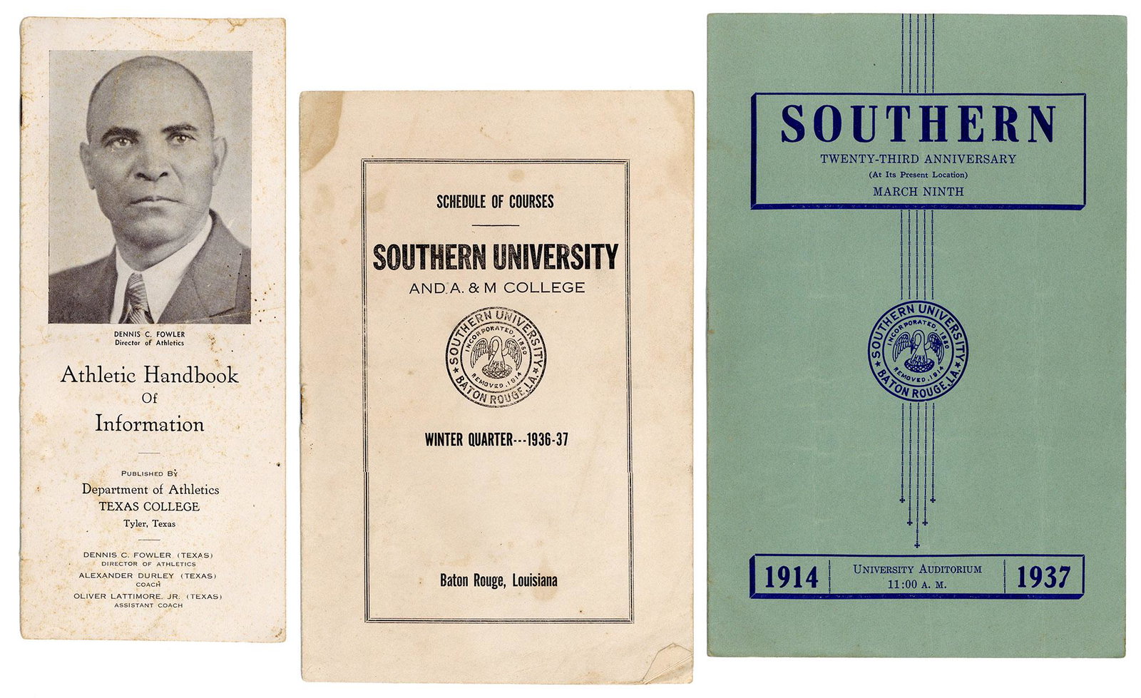 [HISTORICALLY BLACK COLLEGES & UNIVERSITIES]. Collection of...: [HISTORICALLY BLACK COLLEGES & UNIVERSITIES]. Collection of ephemera from Southern University and Texas College. 1930s/50s. Approximately 25 pieces, most from Southern University and A&M College (Scot
