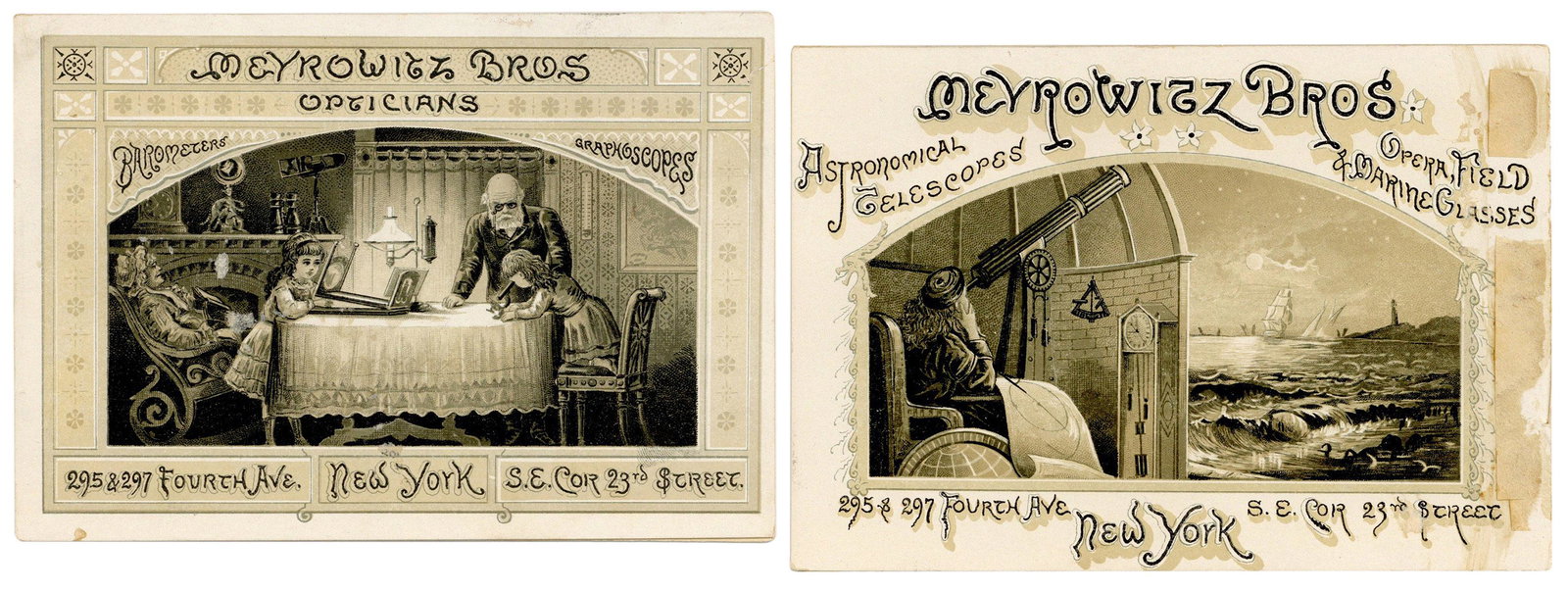 [OPTICS]. Meyerowitz Bros Opticians. New York, n.d. [ca. 188...: [OPTICS]. Meyerowitz Bros Opticians. New York, n.d. [ca. 1880s]. Oblong 16mo. Original pictorial wrappers on cardstock (marred spot near spine on rear wrapper with some paper residue). A rare catalogu