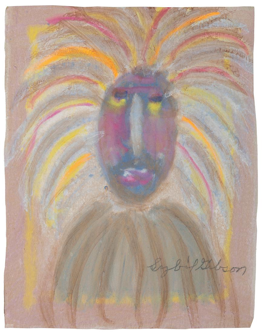 GIBSON, Sybil (American, 1908-1995). Lion. Circa 1970s-1990...: GIBSON, Sybil (American, 1908-1995). Lion. Circa 1970s-1990s. Tempera paint on thin paper bag paper. Signed in pencil in the lower left corner. 20 x 16”. Some wrinkling, edgewear. Very good.