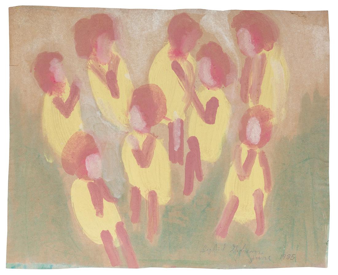 GIBSON, Sybil (American, 1908-1995). Family Gathering. 1985...: GIBSON, Sybil (American, 1908-1995). Family Gathering. 1985. Tempera paint on thin paper bag paper. Signed on the lower right corner. 18 x 22”. The usual wear, a few short marginal tears, some m