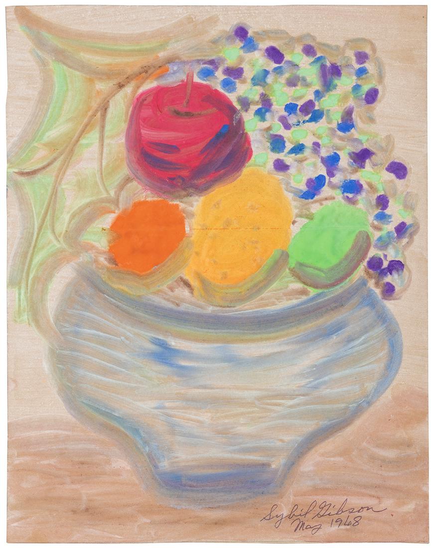 GIBSON, Sybil (American, 1908-1995). “Fruit bowl with Leaf”...: GIBSON, Sybil (American, 1908-1995). “Fruit bowl with Leaf”. 1968 Tempera paint on thin cardboard. Signed in pencil in the lower right corner. Her handwritten title written on verso. 18 x 