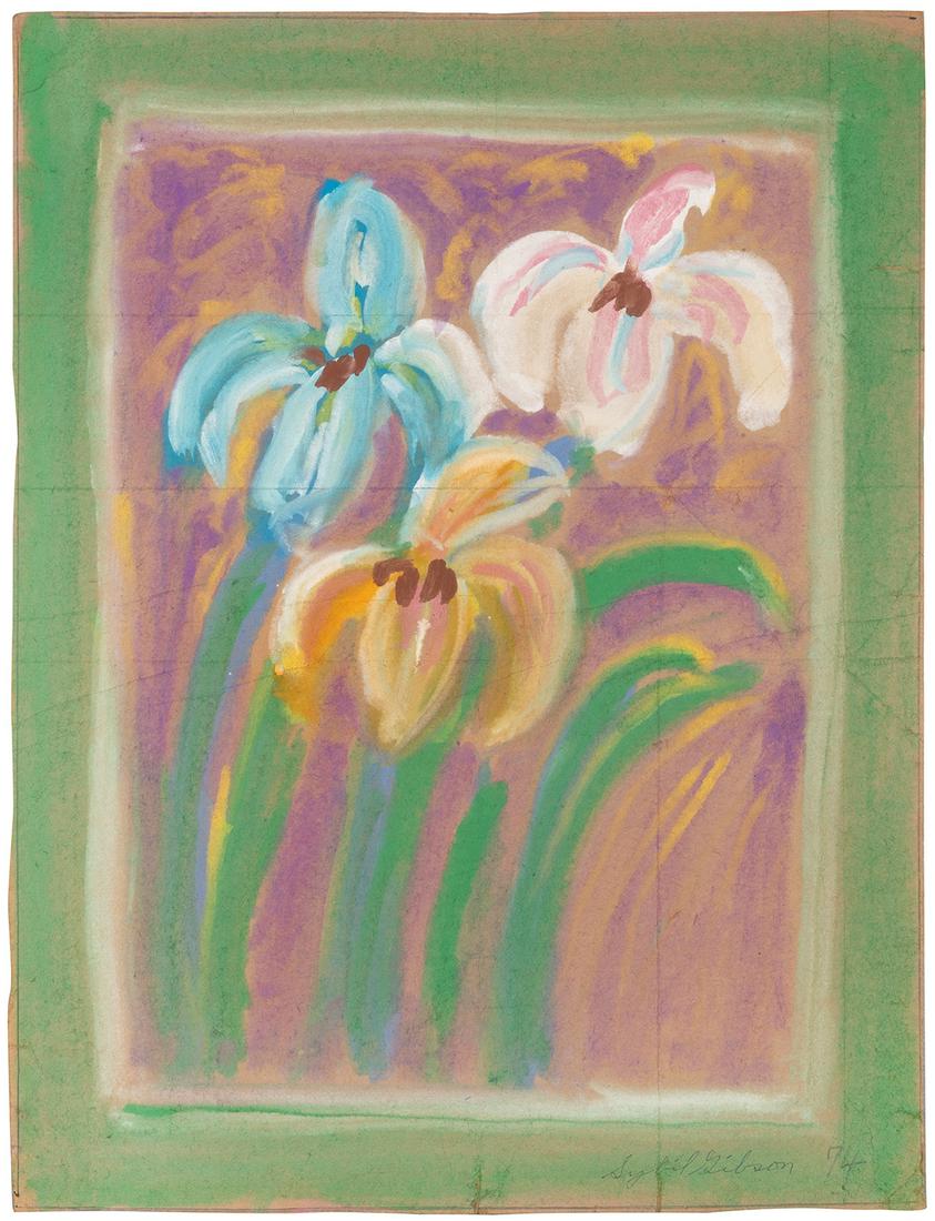 GIBSON, Sybil (American, 1908-1995). “Enlarged version of I...: GIBSON, Sybil (American, 1908-1995). “Enlarged version of Iris”. 1974. Tempera paint on thin cardstock. Signed in pencil in the lower right corner. Her handwritten title written on verso. 