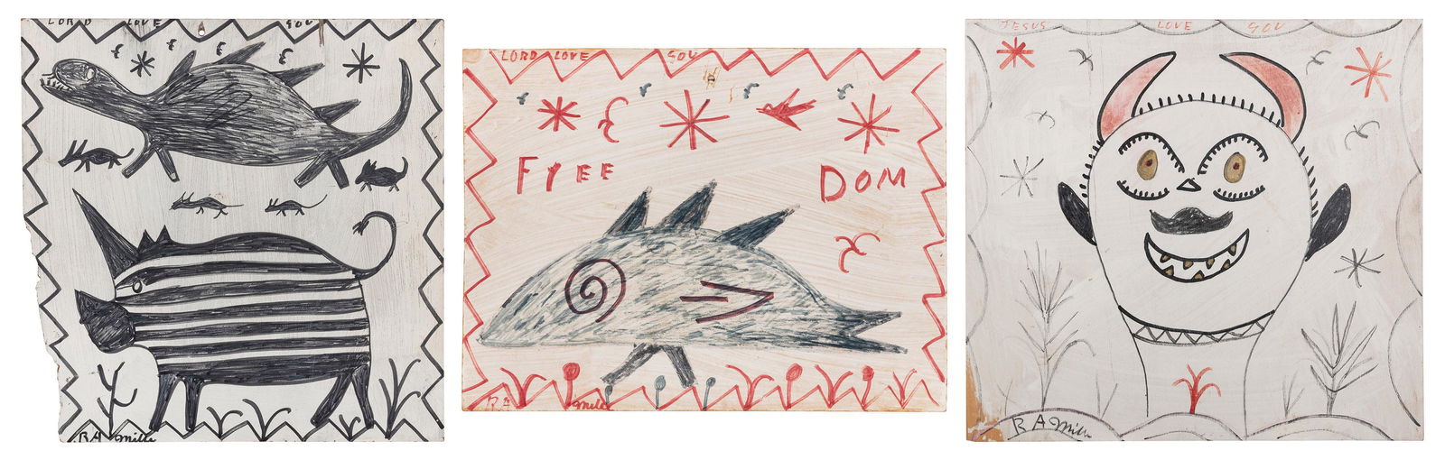 MILLER, R. A. (American, 1912-2006). A group of 3 original …: MILLER, R. A. (American, 1912-2006). A group of 3 original paintings. Including: Walking Catfish Circa 1980s-1990s. Acrylic and marker on ¼” thick wooden board. 11 ¼ x 11”. Some